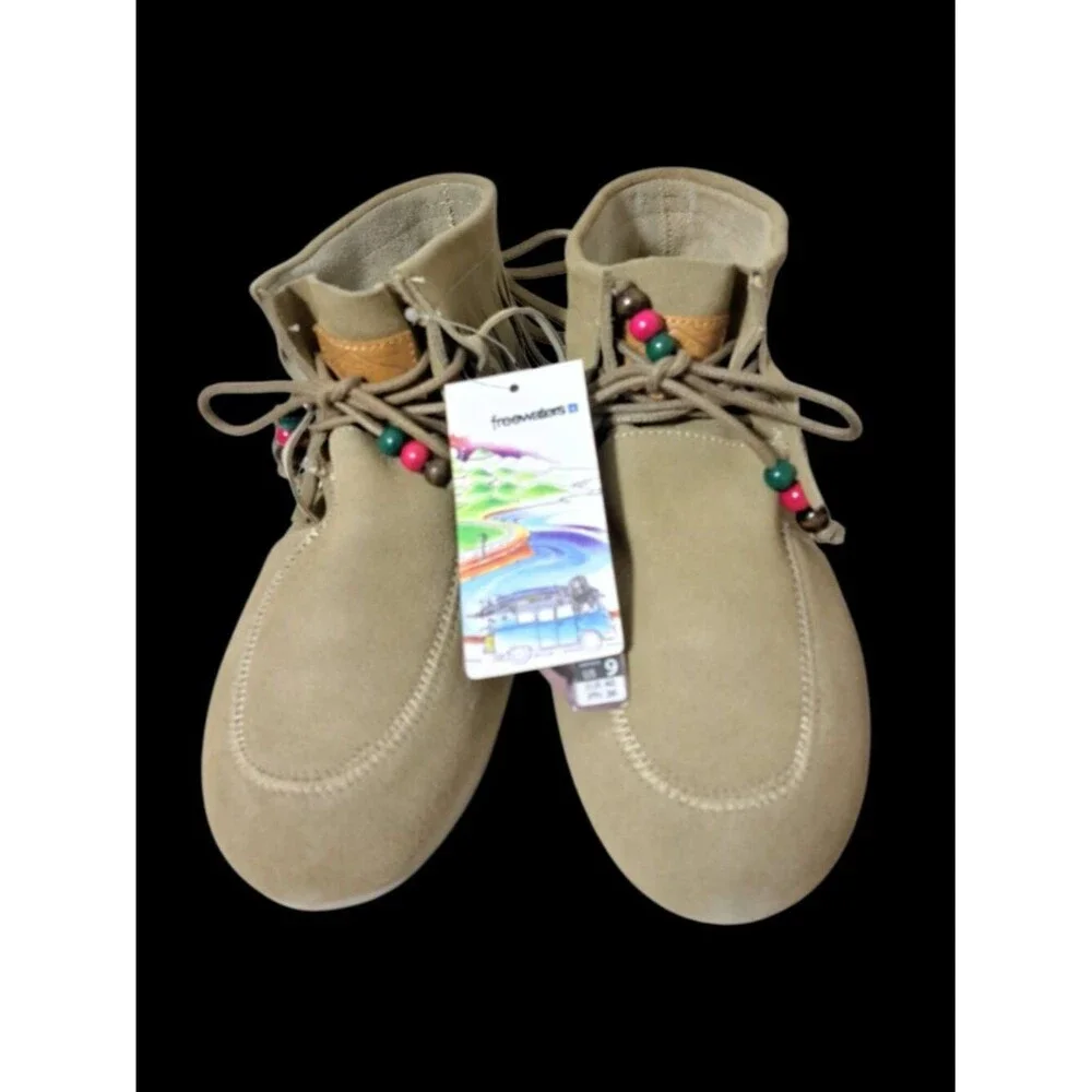 Freewaters Women's Fringe Sand Tan Southwest Classic Moccasin Booties Beads Sz9